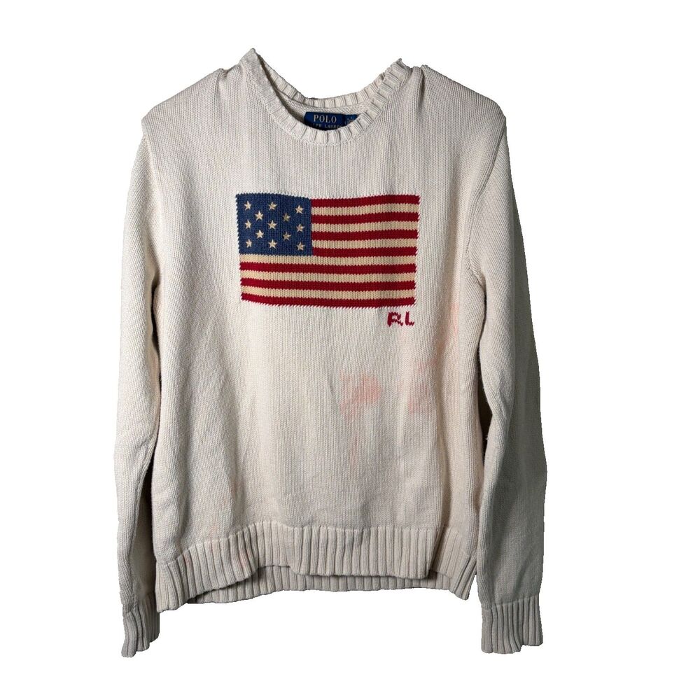 Polo Ralph Lauren USA Flag Sweater Women's Medium Beige Knit Pullover America